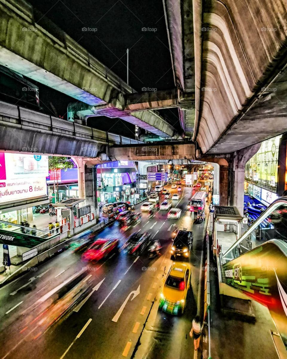 Big city nights in Bangkok, Thailand. Photo taken on the BTS platform between Siam Square and Siam Paragon.