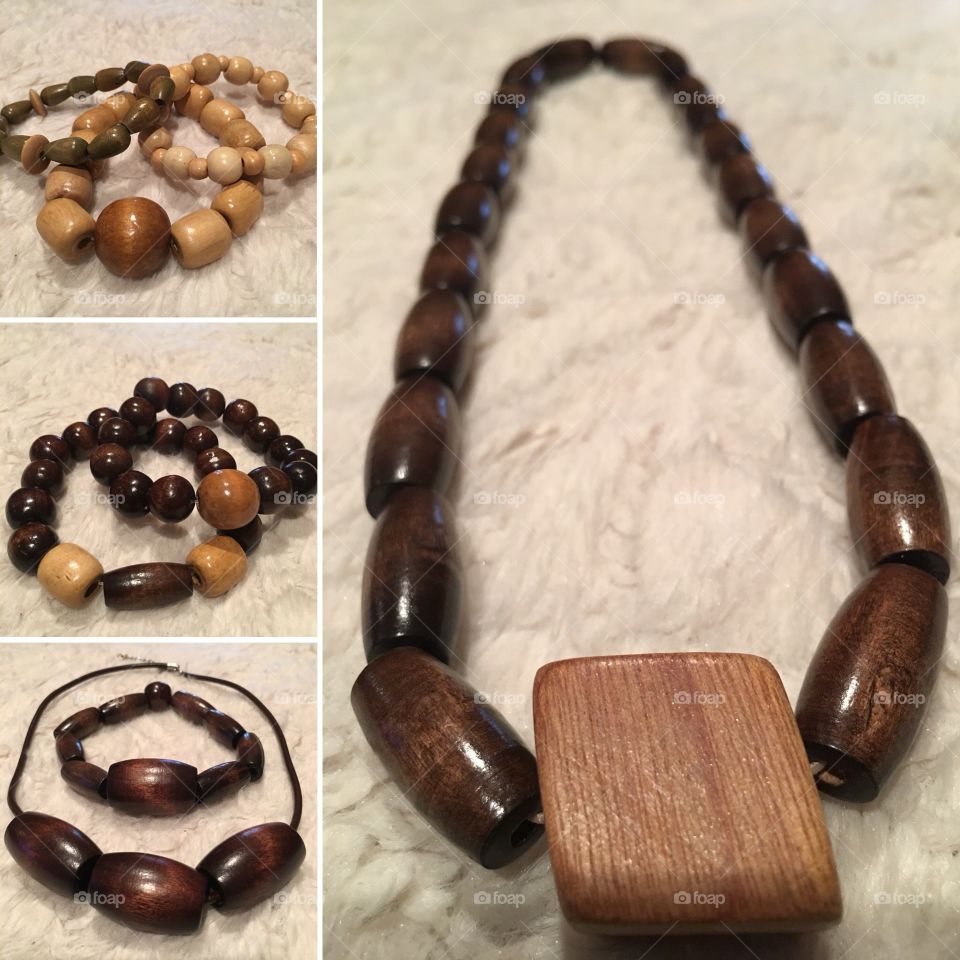 Beautiful dark and light brown wooden beaded necklaces and bracelets