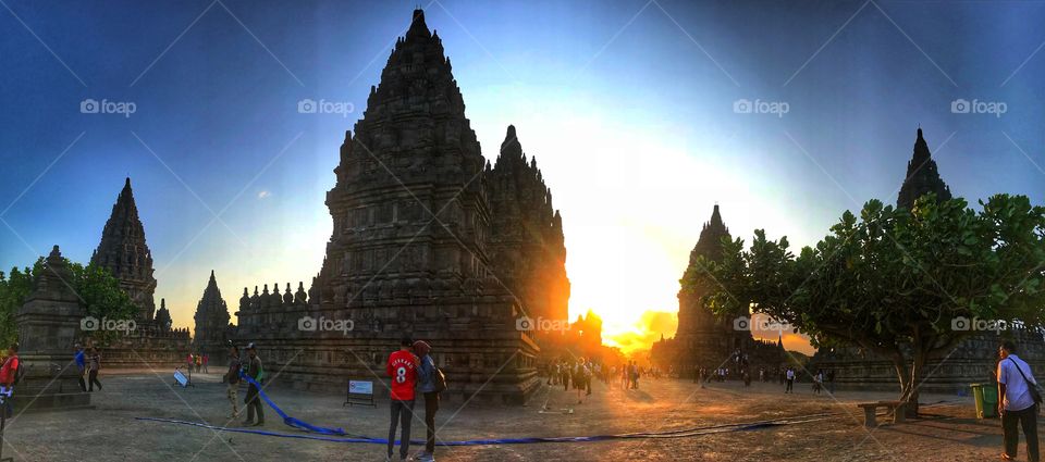 Prambanan at sunset with the glow of the day’s end illuminating the incredible temple, Yogyakarta Indonesia 