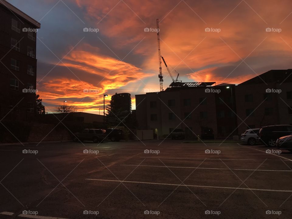 The sky at dusk outside a Denver, CO hotel.