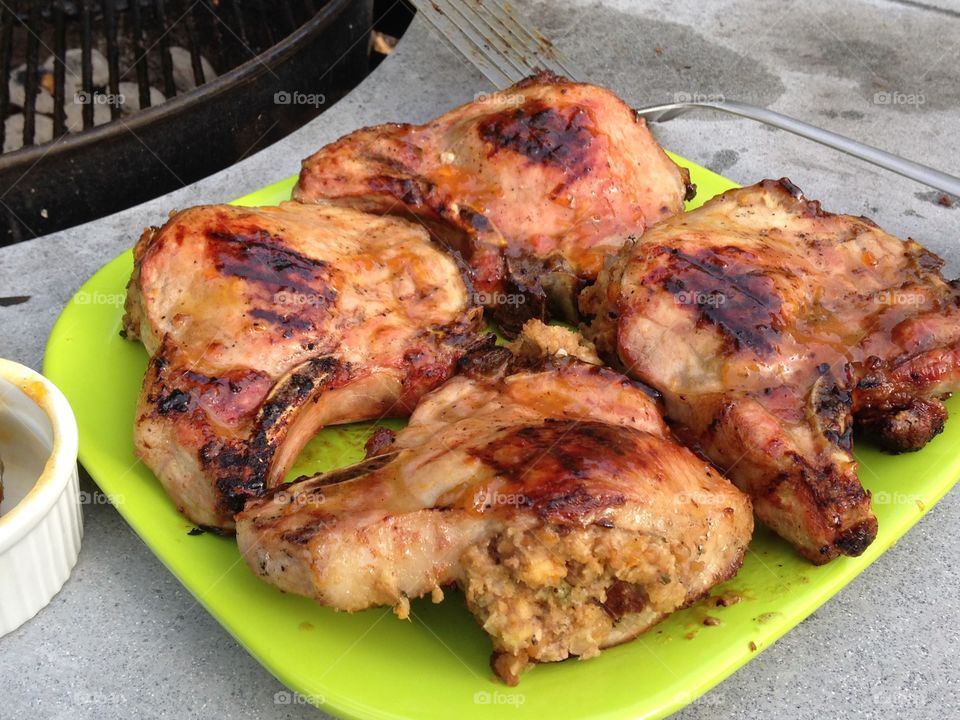 stuffed Pork Chops. Backyard barbecue