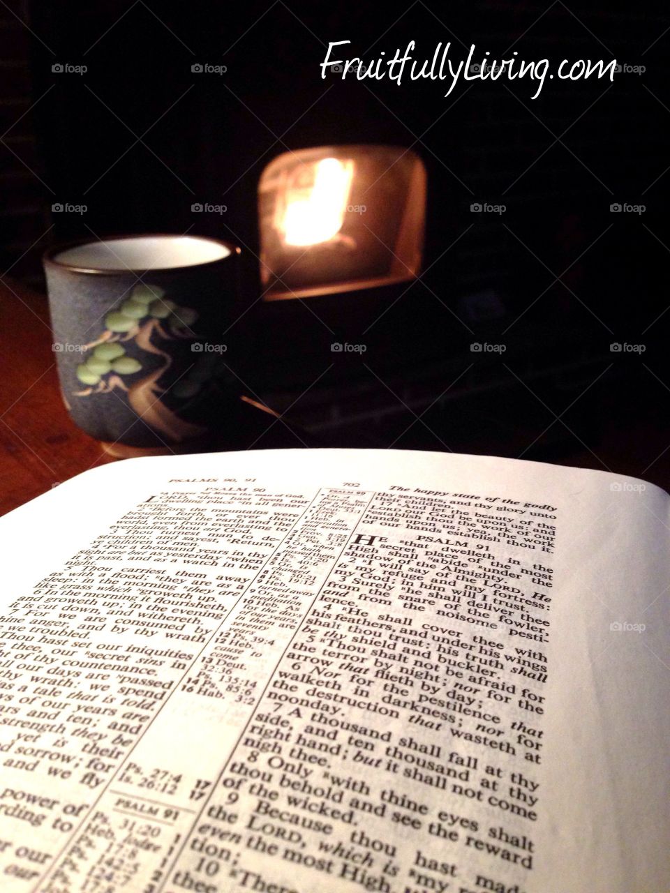 Morning Devotional. Bible reading and prayers in the morning next to the fireplace