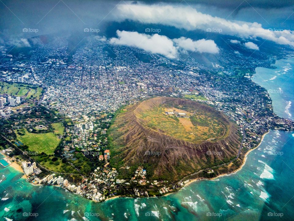 Aerial view of Diamond Head on Oahu. 