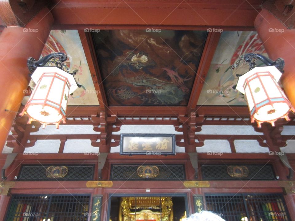 Ceiling Inside Sensoji Buddhist Temple. Lanterns and Paintings of Buddhas. Asakusa Kannon. Tokyo, Japan.