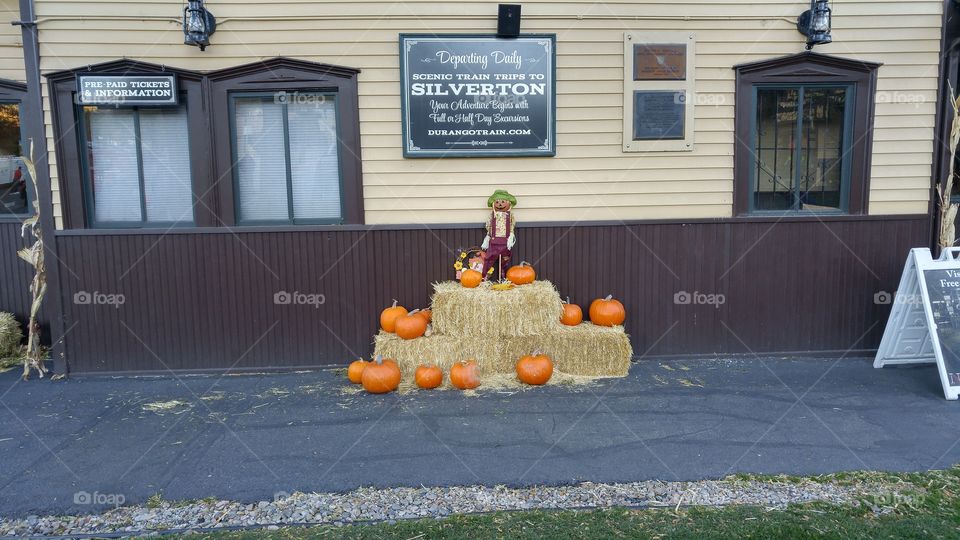Halloween decorations at the Durango Silverton train station