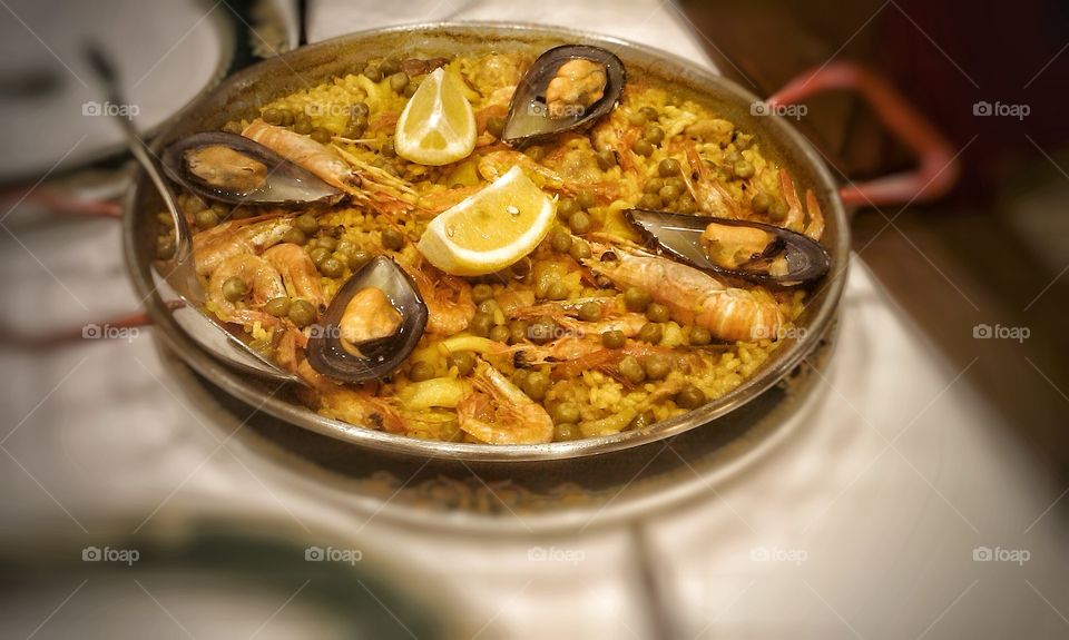 Seafood paella. Madrid restaurant