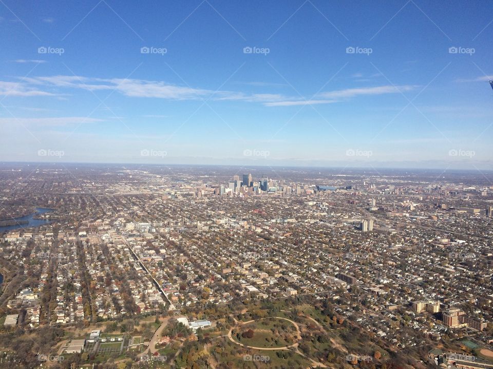 Minneapolis aerial skyline from an airplane 