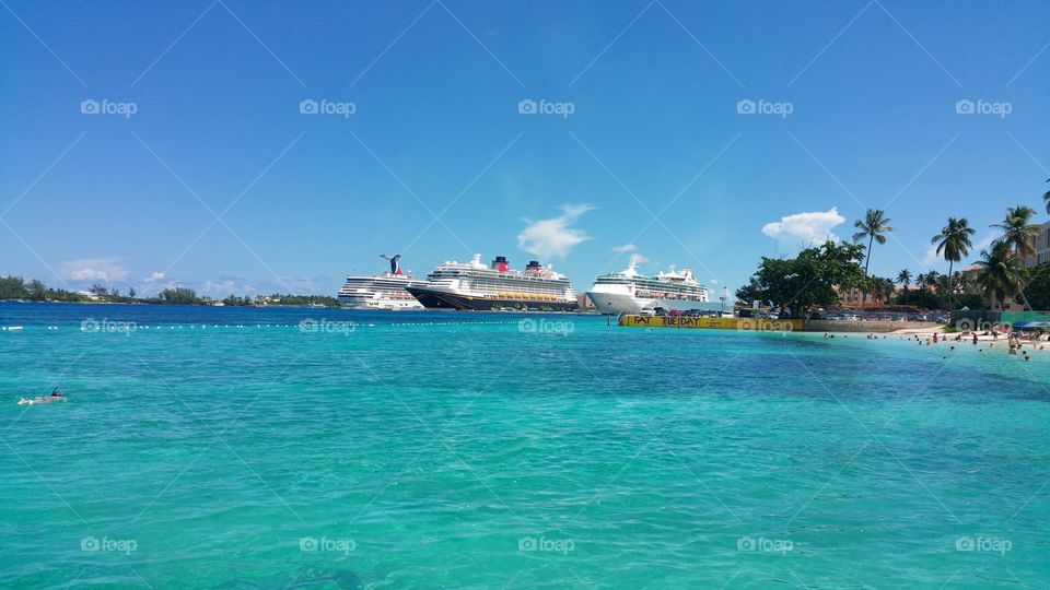 View of Cruises ships from a far angle Nassau Bahamas