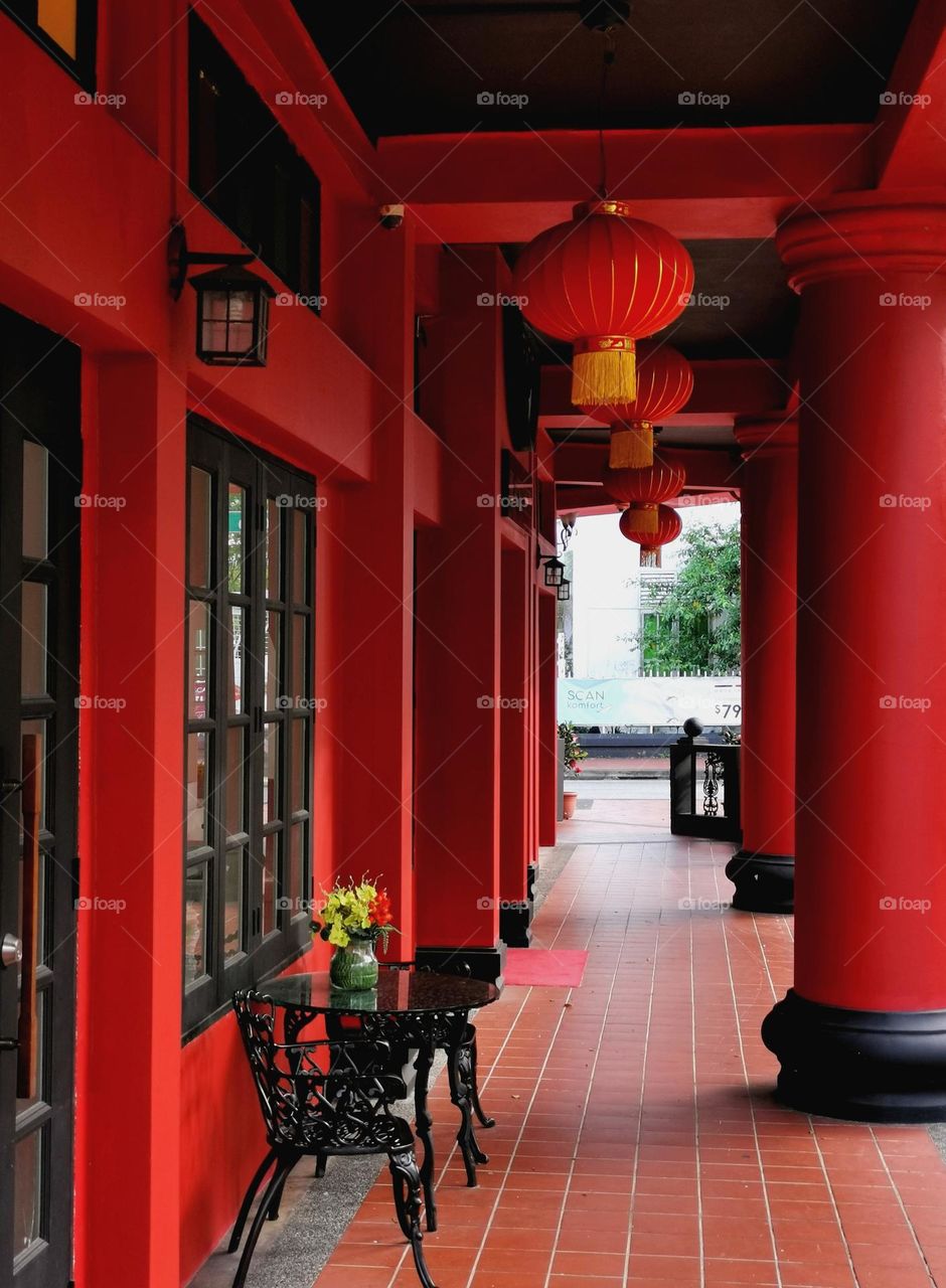 Architecture. Red building. Street photo. Asia, Singapore.