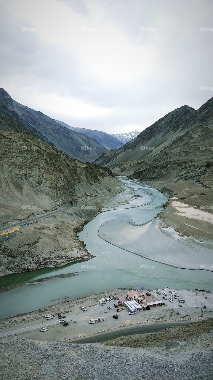 Sangam of Indus and Zanskar river taken from the top, while travelling to leh from sringar