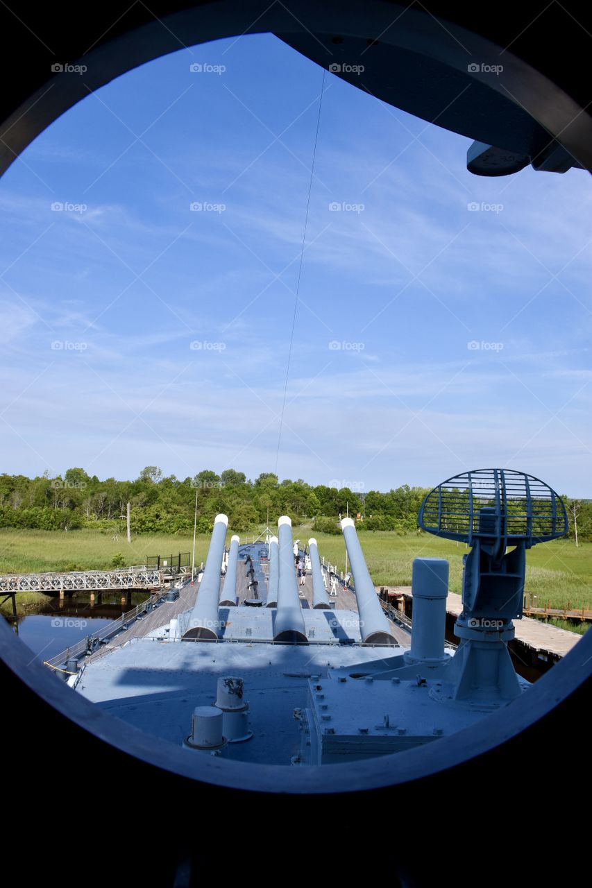 View through the window of a battle ship.