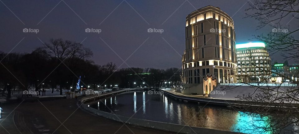 city river embankment night street view and light