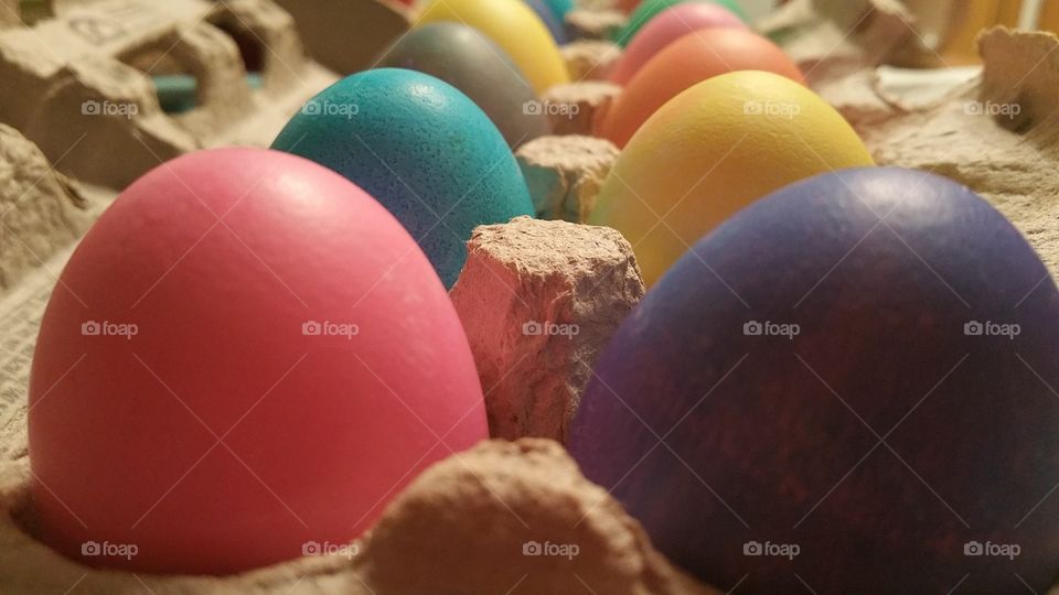 Multi colored egg in carton