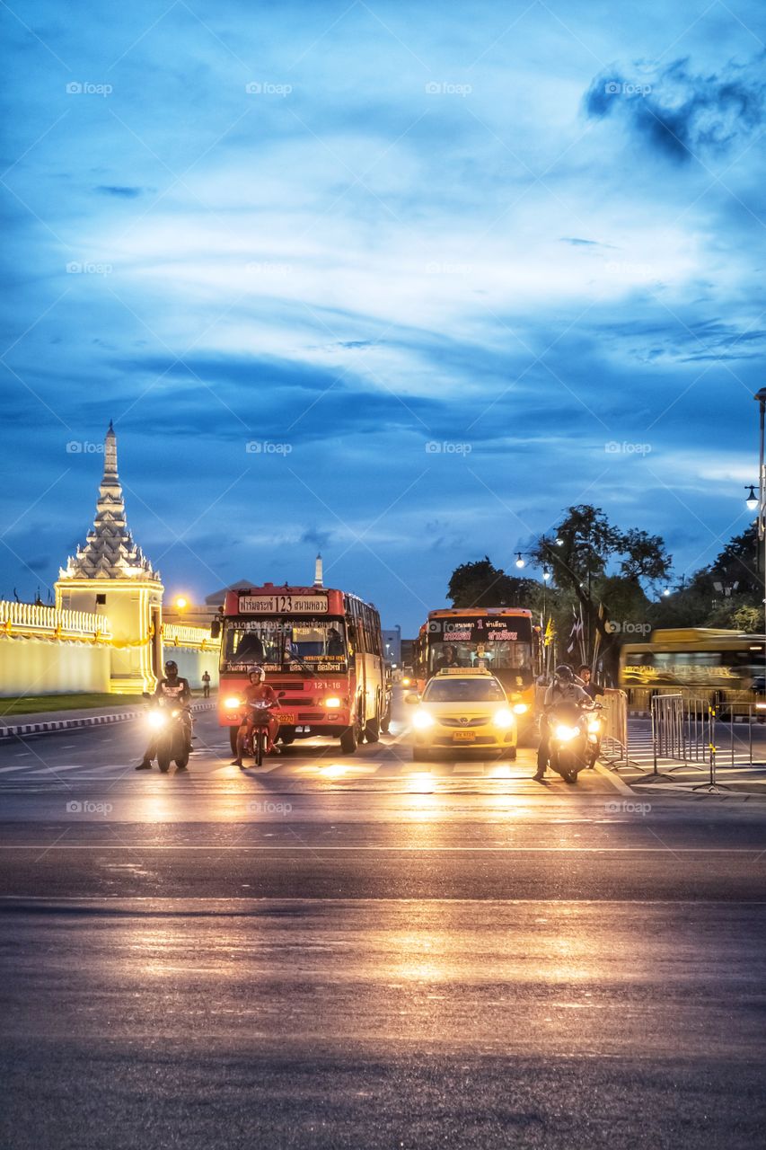 Bus in front twilight sky