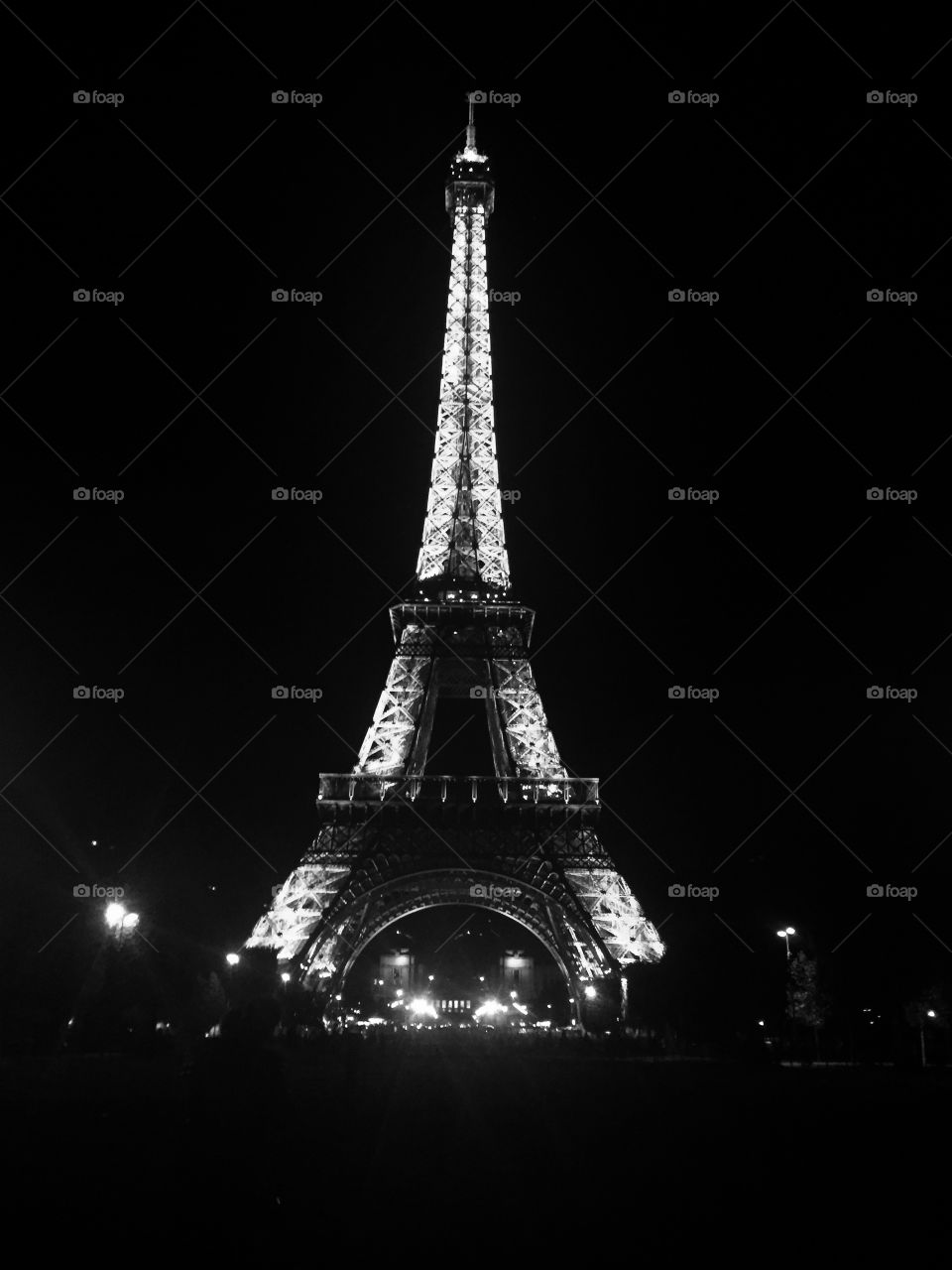 Eiffel Tower at night in black and white
