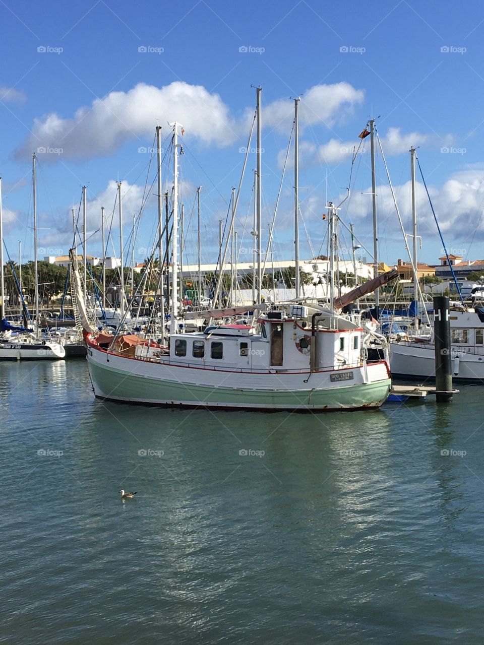 Nordic shaped sailboat in South harbor 