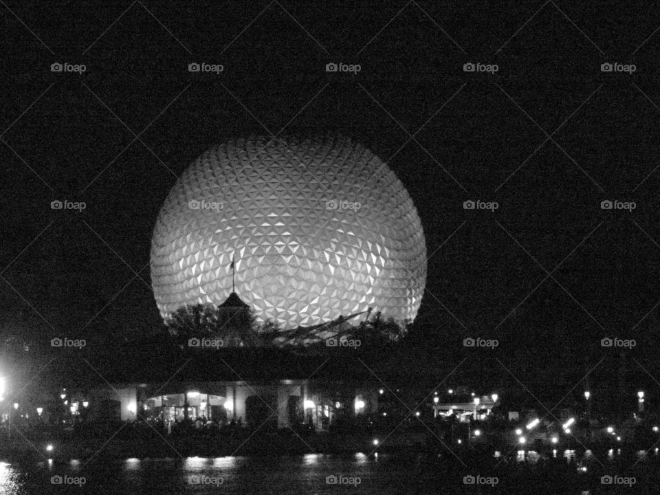 A black & white rendition of Spaceship Earth at EPCOT at the Walt Disney World Resort in Orlando, Florida.