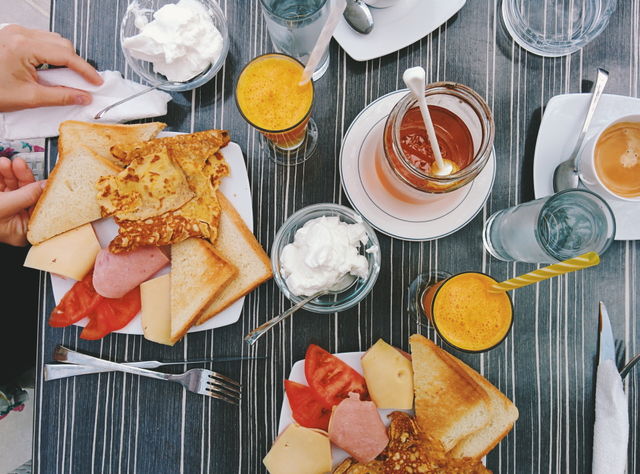 Hotel breakfast. This was the pool side breakfast of a very nice hotel in Karpathos, Greece.