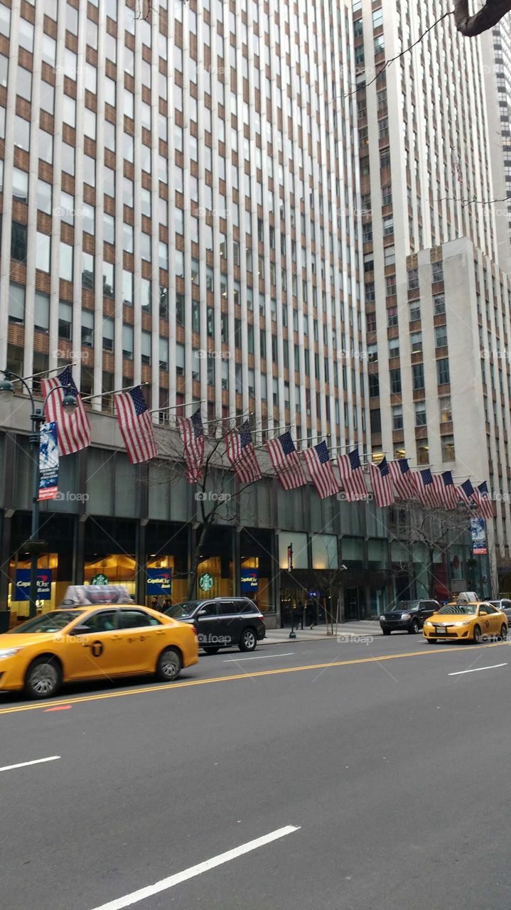 NYC Street And American Flags