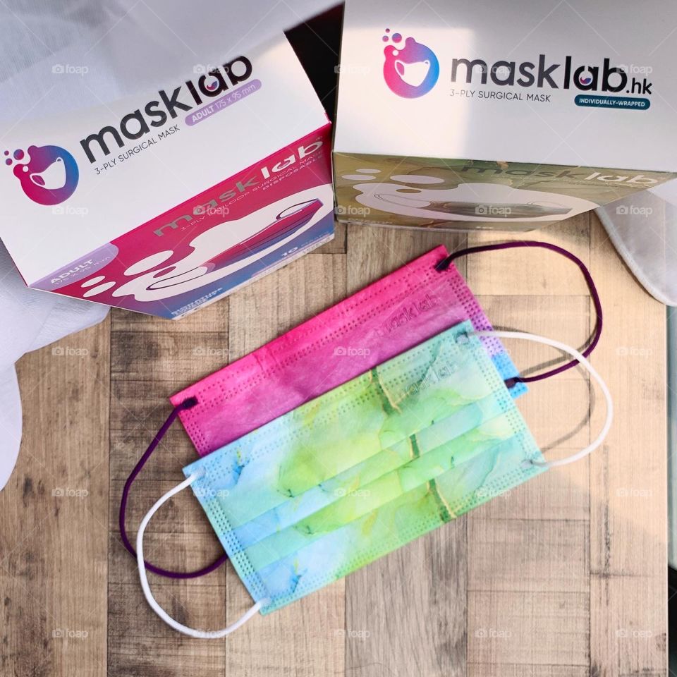 Disposable surgical mask in rainbow ombré and green twilight colours 