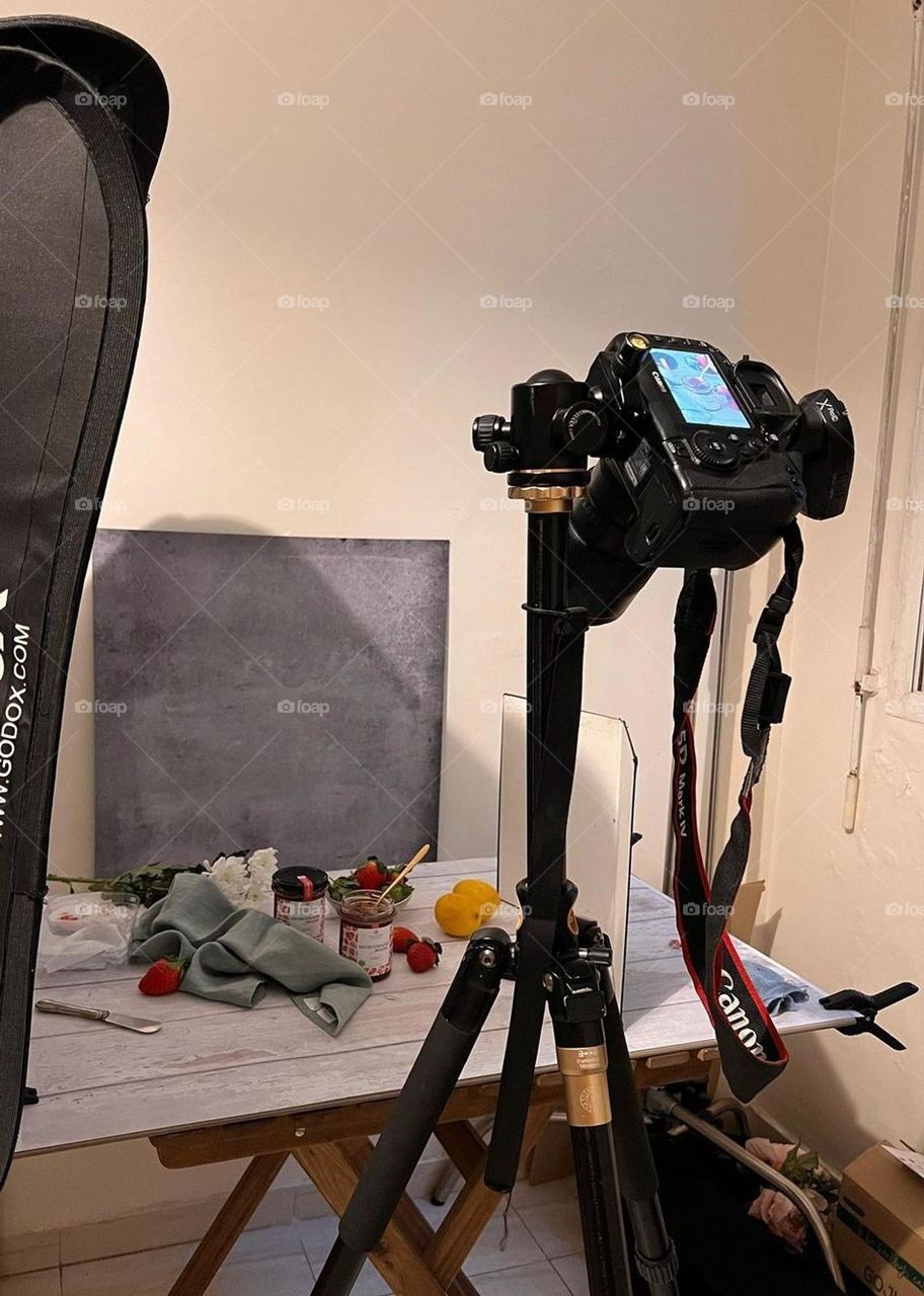 creative work, beautiful tripod, nice video camera at work