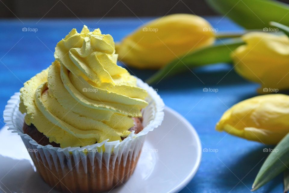 cake and yellow tulips flowers love spring