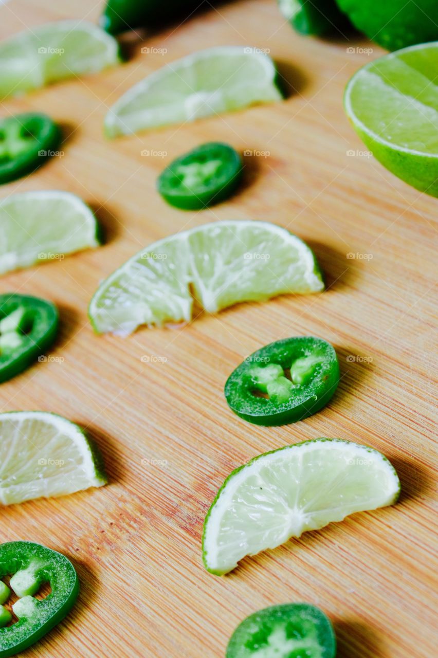 Fruits! - Lime and jalapeño slices on bamboo