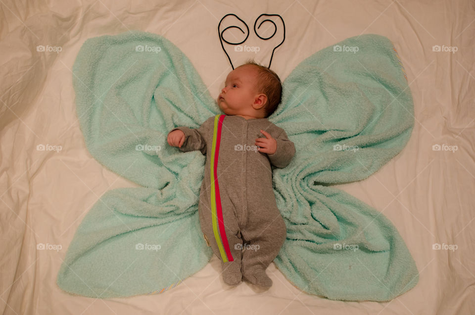 Little baby butterfly lying on bed