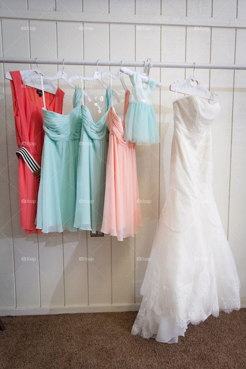 Wedding dress of a bride and bridesmaids