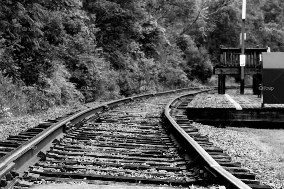 Train tracks disappear into nowhere around a curve