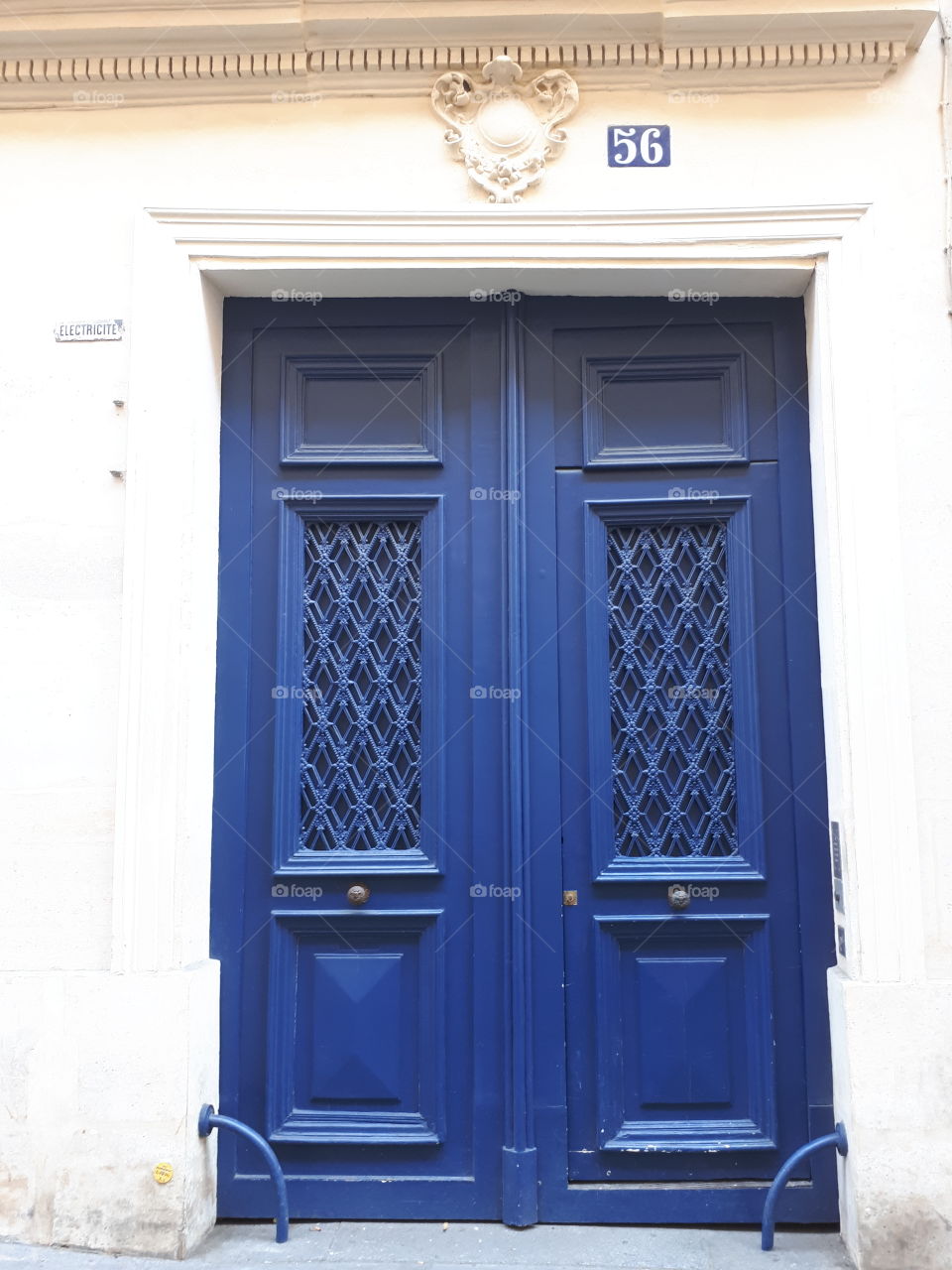 Wooden dark blue entrance door with a grate