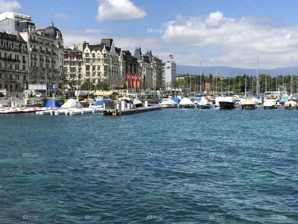 Lakefront of Lake Geneva in Switzerland. 