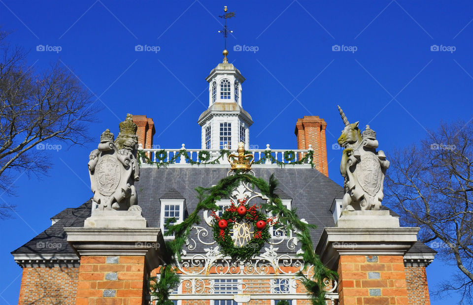 The  governors mansion decorated for Christmas in colonial Williamsburg Virginia. 