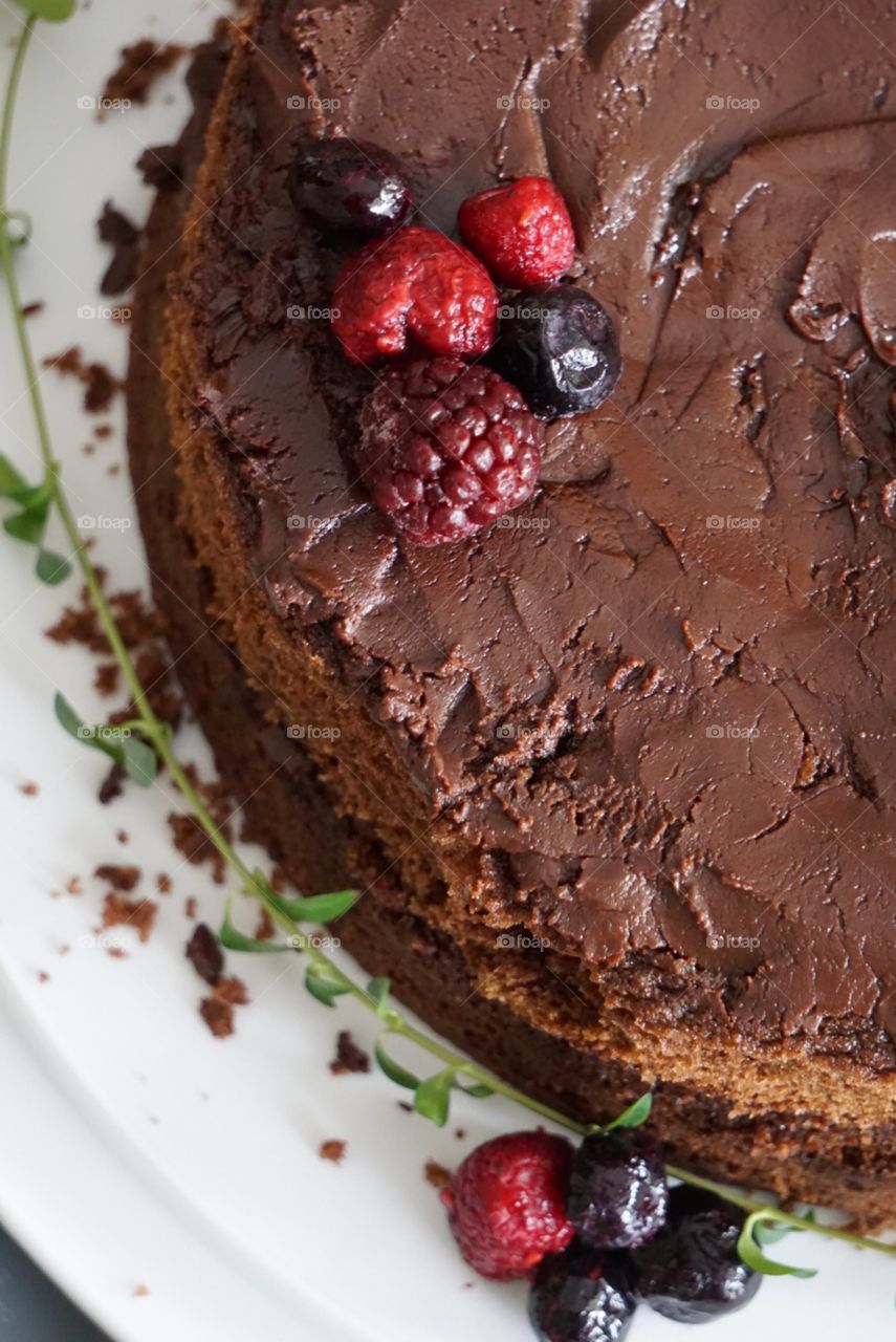 A layered chocolate cake topped with a berry garnish. 