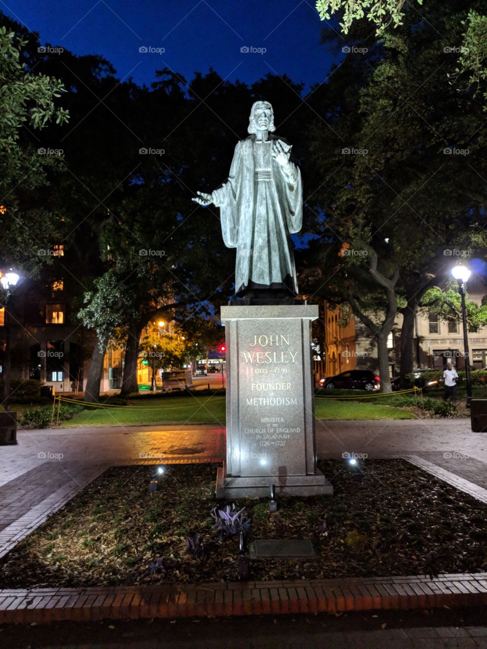 Satue of John Wesley in Reynolds square in Savannah, Georgia.