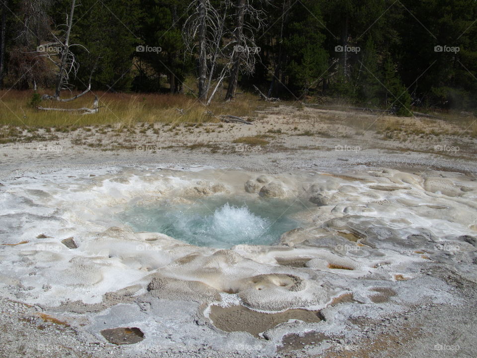 Stunning geology in the unique landscape of Geyser Hill in Yellowstone National Park on a sunny summer day. 