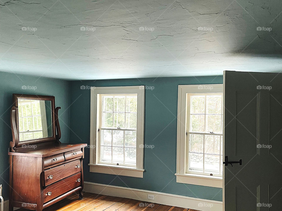 Teal walls in a 300 year old New England farmhouse 