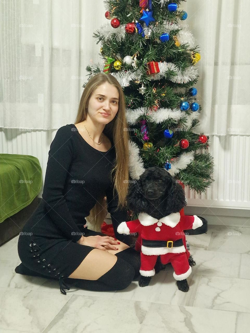 girl with santa dog