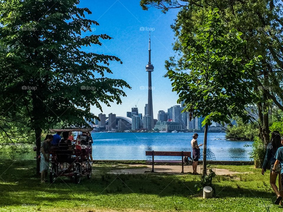 CN Tower, from the island across the lake in Toronto Ontario Canada 