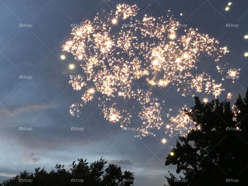 Bright fireworks expanding across the sky