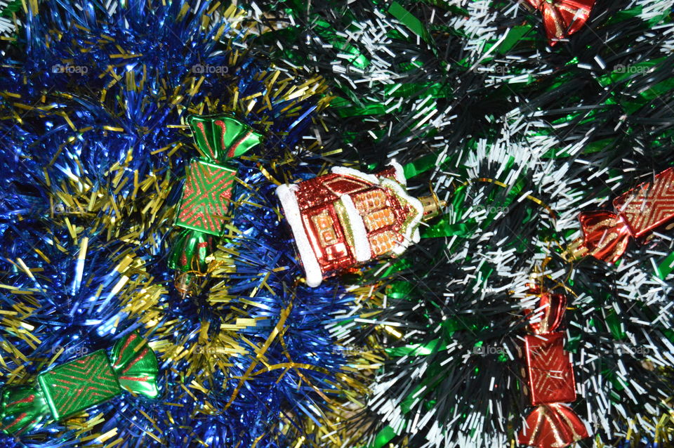 New Year, Christmas, toys, house, background, tree, garland, tinsel,