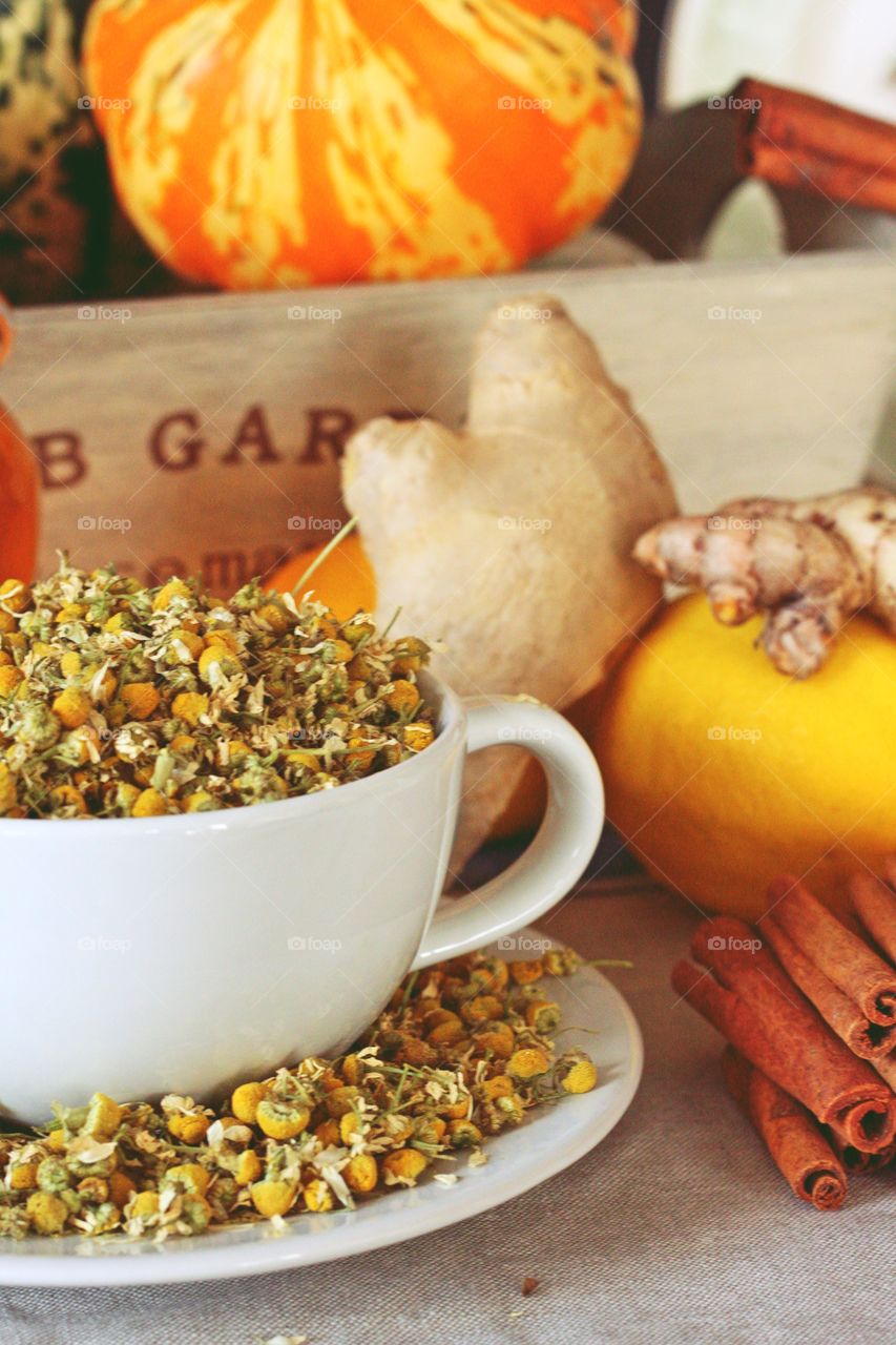 Herbal, camomile tea, ginger, lemon, turmeric, cinnamon, pumpkin, autumn, fall