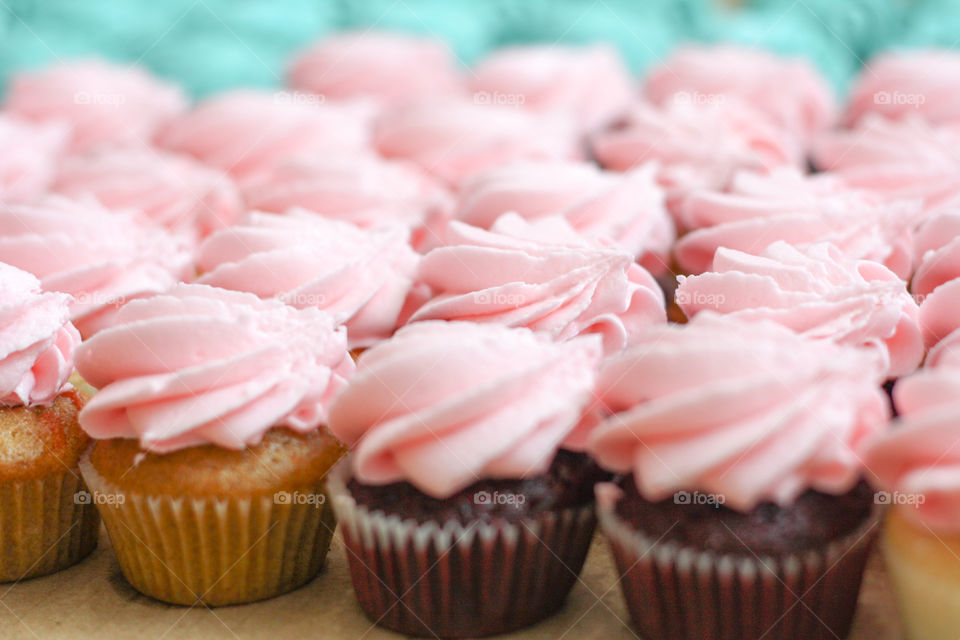Rows of miniature cupcakes with pink and blue frosting