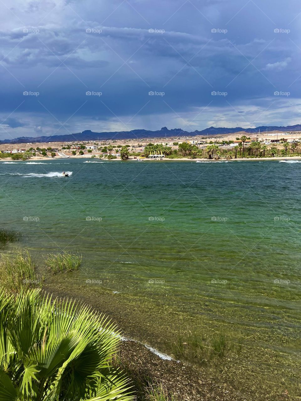 View of the Colorado River from the Laughlin Boardwalk in Laughlin Nevada 