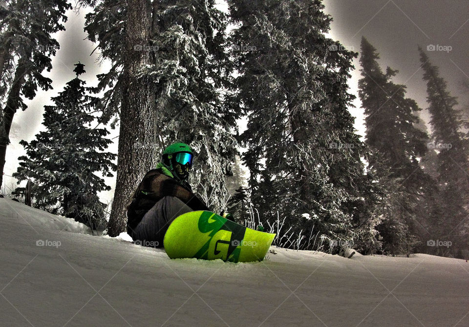 Snowboarding in Flagstaff. Vibrant green contrasting with the white snow really pops. 