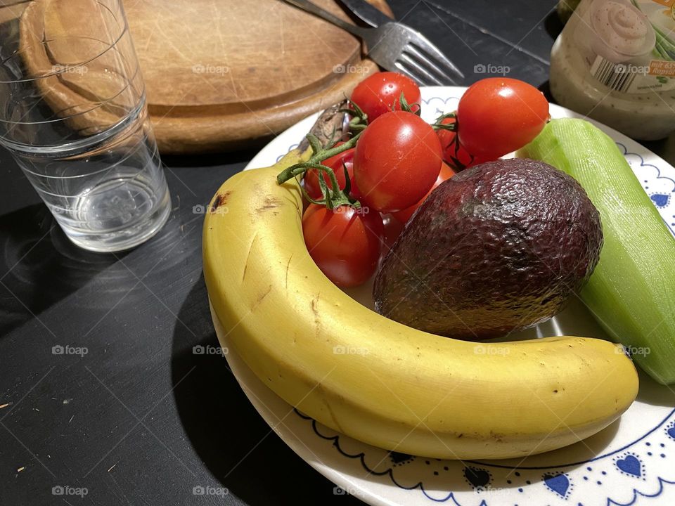 Close up of healthy fruit and vegetable on table