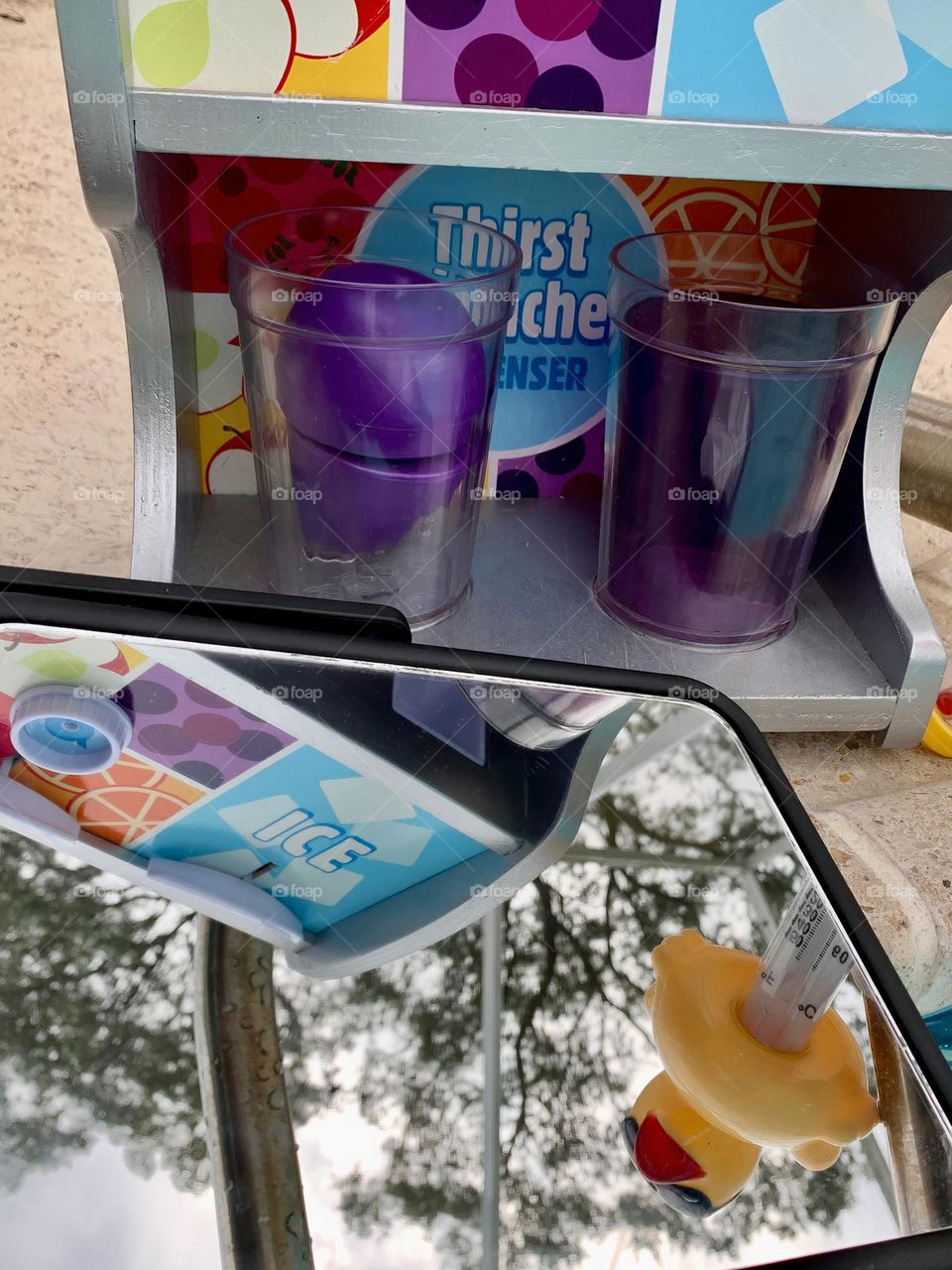 Duck Ready To Get A Toy Drink Before Going Back To The Pool, Mirror Reflection  