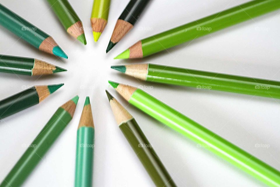 angle view of green colored pencils