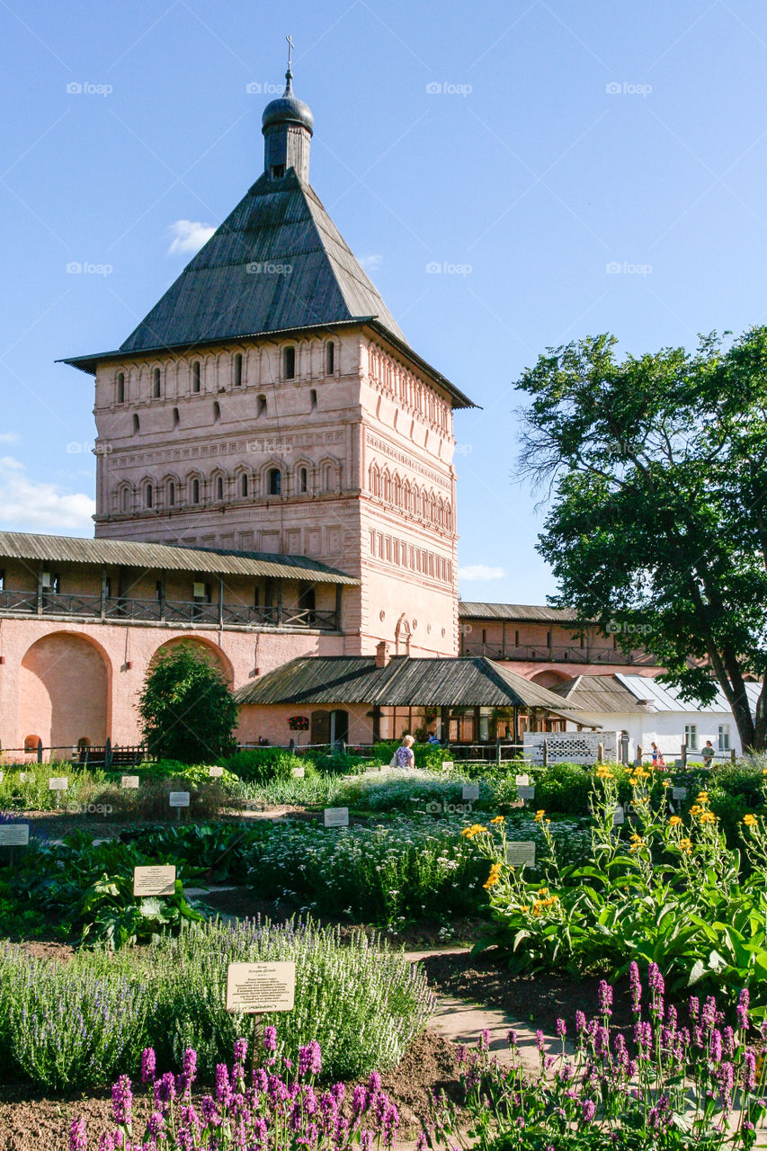 Apothecary garden and main entrance tower of the Saviour Monastery of St. Euthymius, Russia, Suzdal