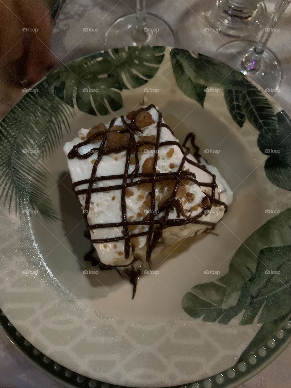 Dessert white chocolate and caramel white brown chocolate decorations 